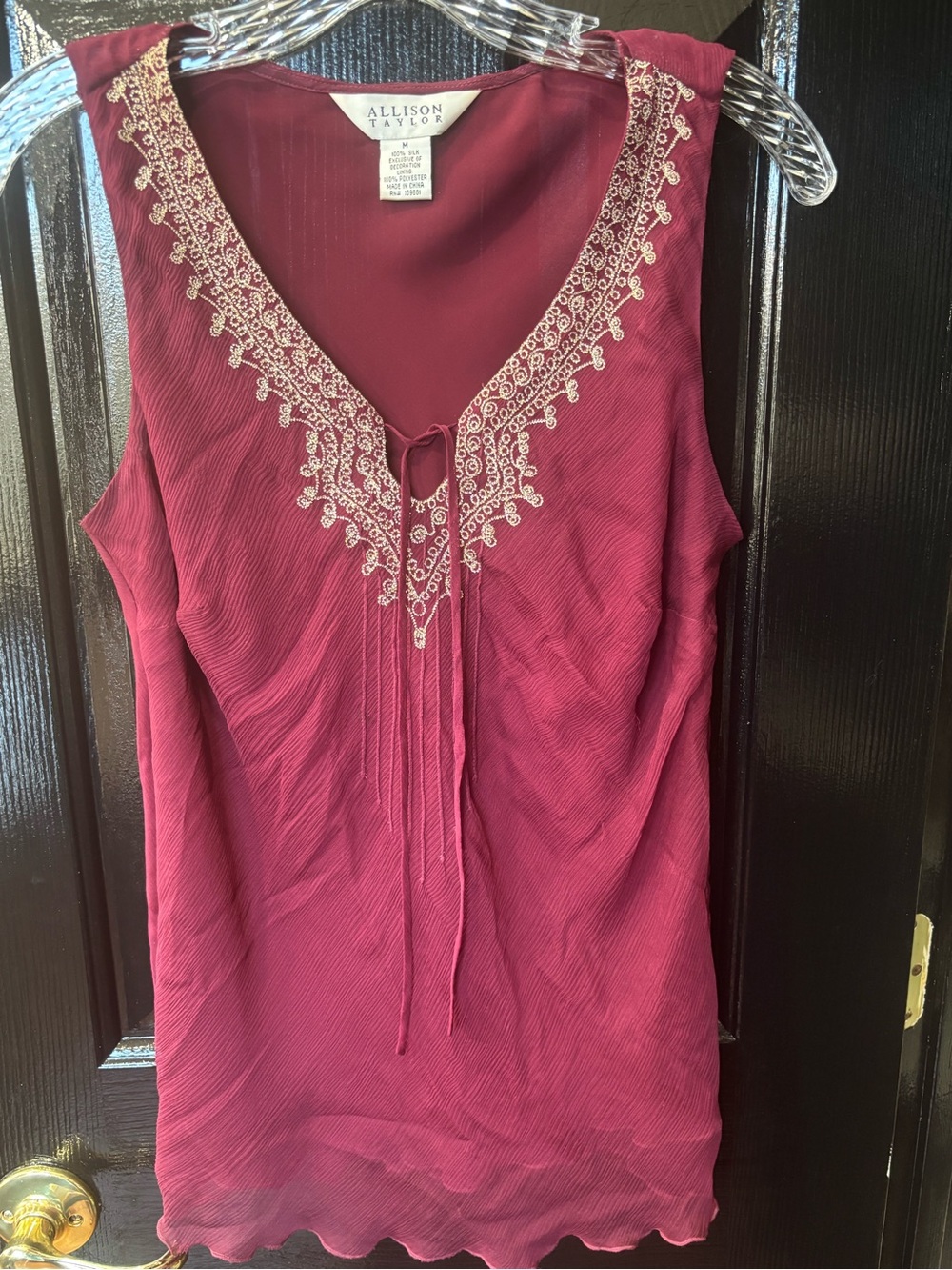 Allison Taylor Burgundy Sleeveless V-Neck Camisole with Ivory Embroidery